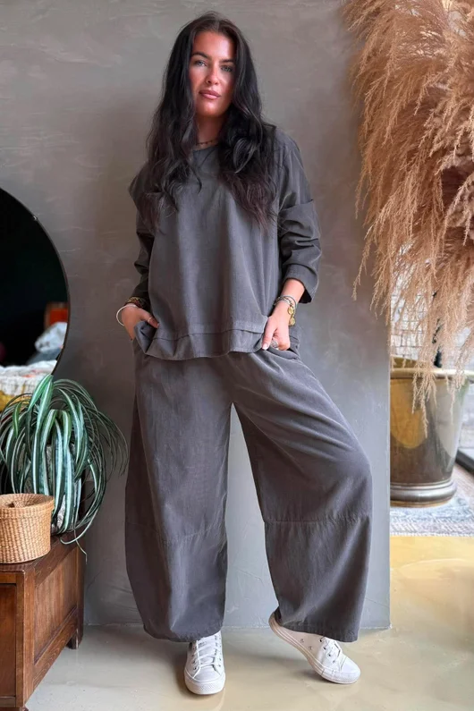 Arbi Needlecord Fold Hem Top Earth